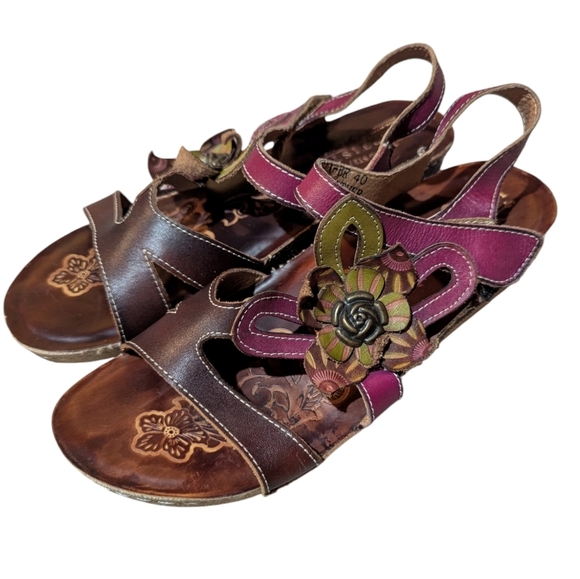 L’Artiste Spring Step Pelagia Sandals Leather Floral Sling Back Sz 40 US 9 - Picture 1 of 5
